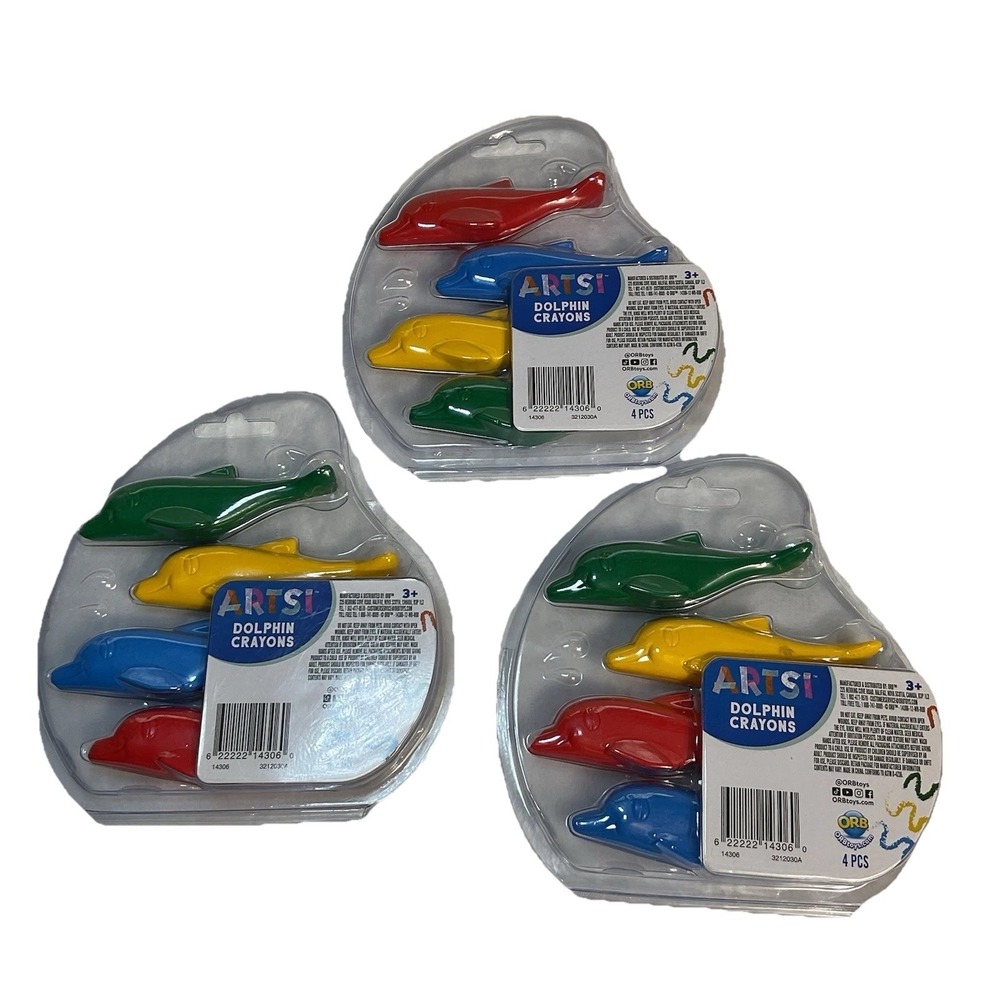 NEW LOT OF 3 Artsi Dolphin shape Crayons set 4 pc Red, Yellow, Blue, Green *